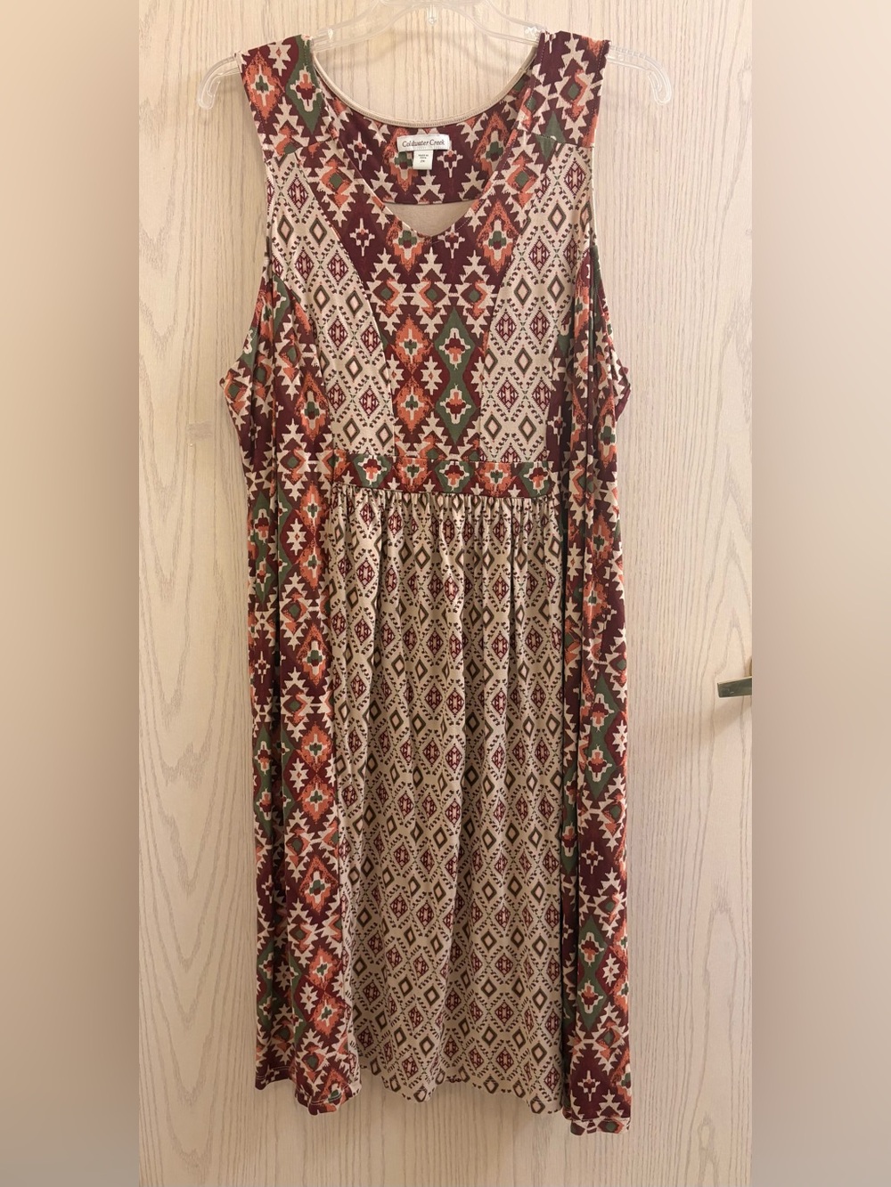 Coldwater Creek Cream, Burgundy & Green Aztec Print Sleeveless Dress